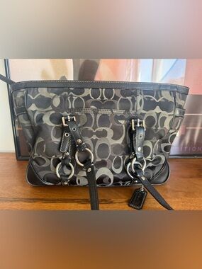 Coach F15669 Black and Gray Signature Canvas Tote with leather